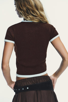 SHORT SLEEVE CONTRAST KNIT CARDIGAN - Image 4