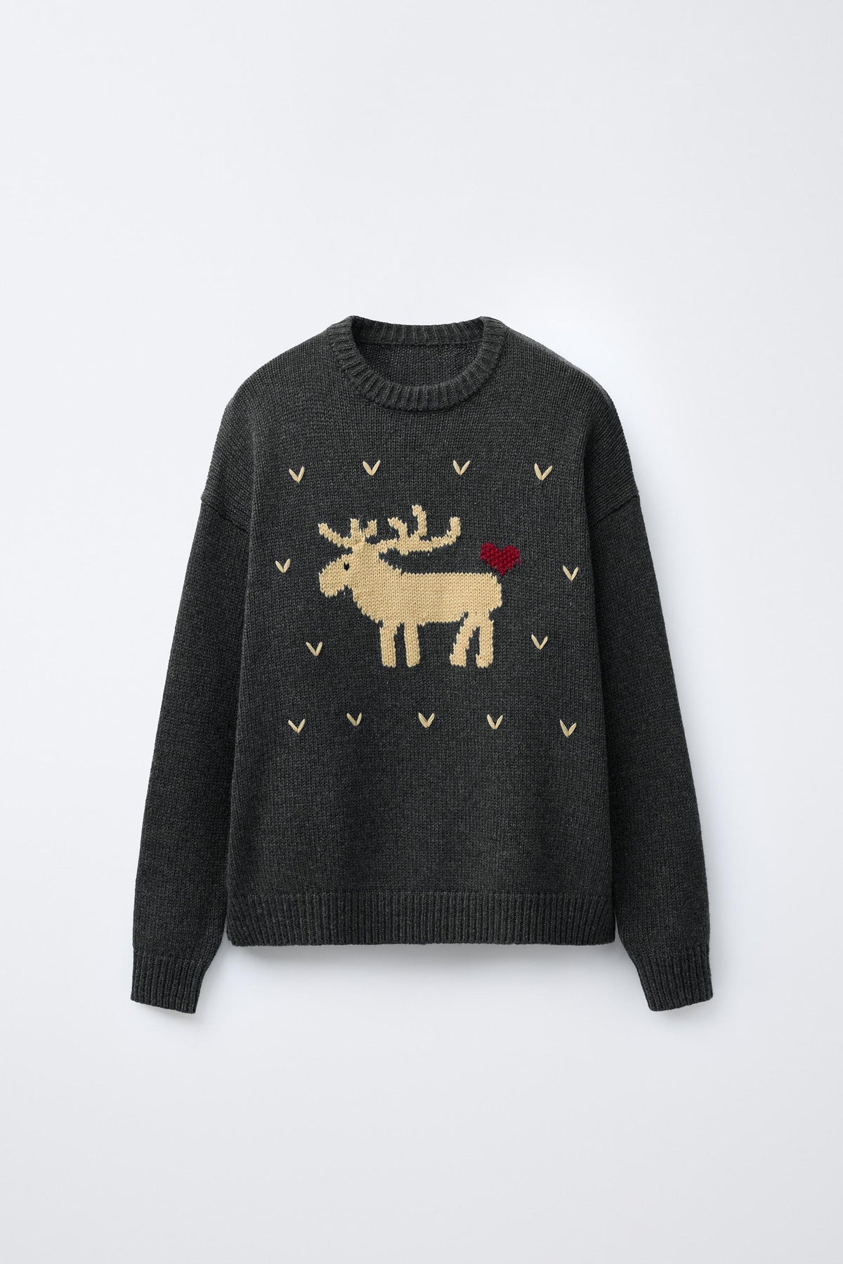 WOOL KNIT JUMPER EMBROIDERED REINDEER HEARTS - Image 1