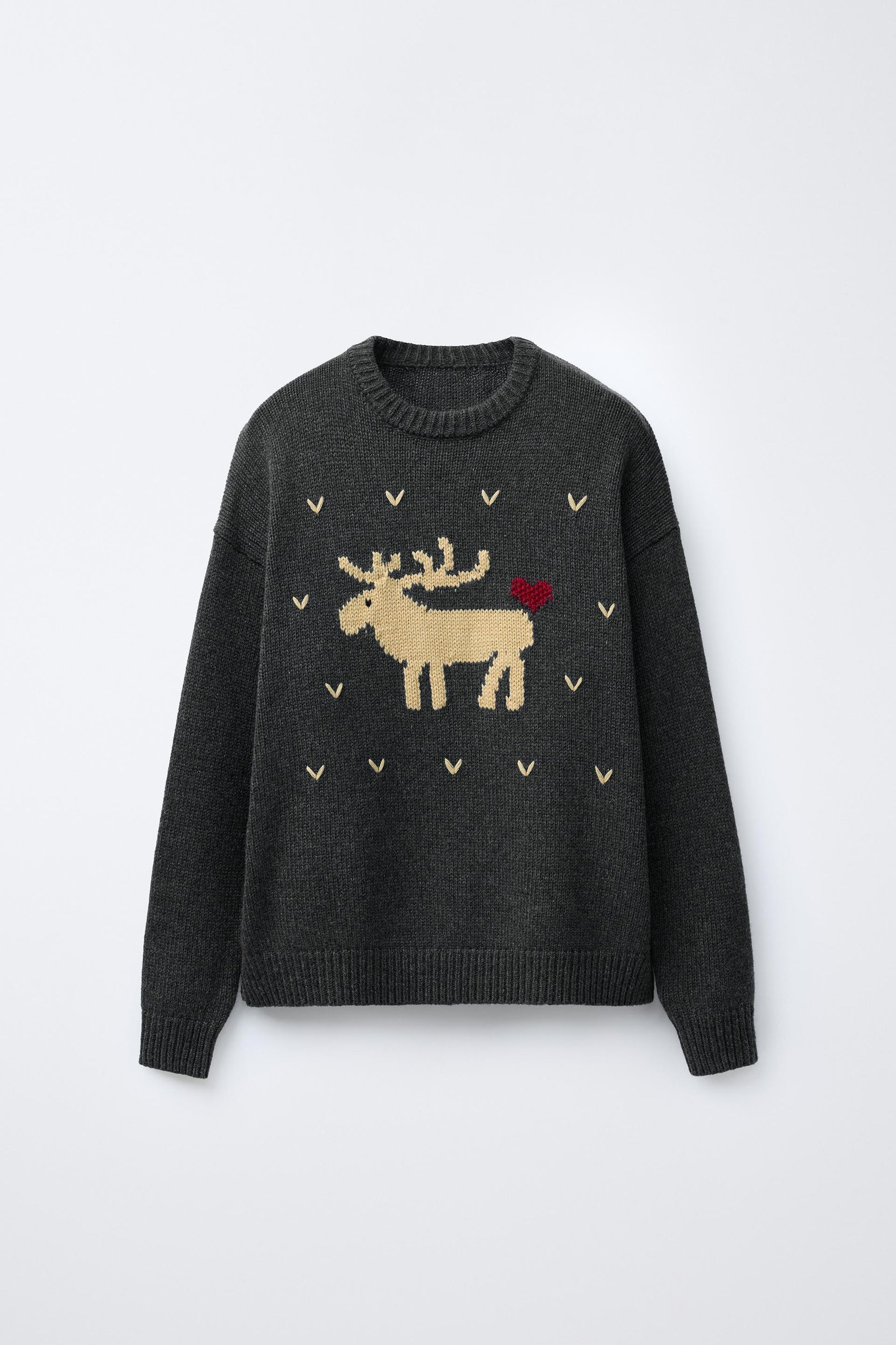 WOOL KNIT JUMPER EMBROIDERED REINDEER HEARTS - Image 1