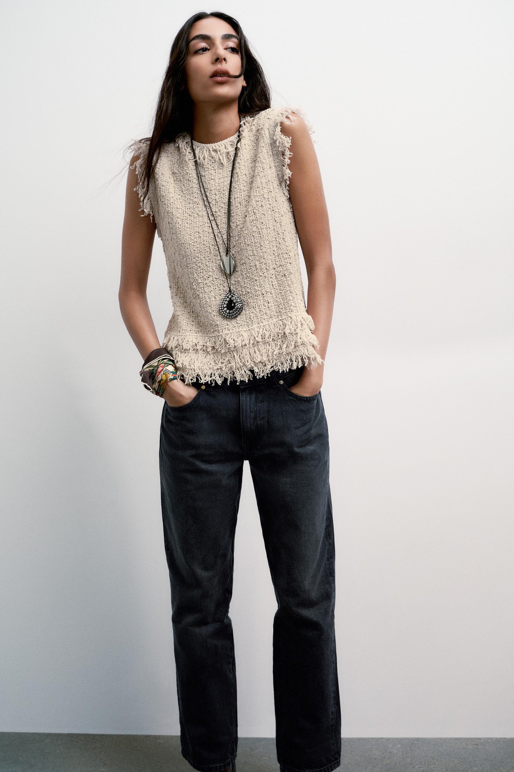 TEXTURED KNIT VEST WITH FRINGES - Image 1