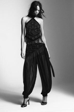 Perlenbesetztes Georgette-Neckholder-Top