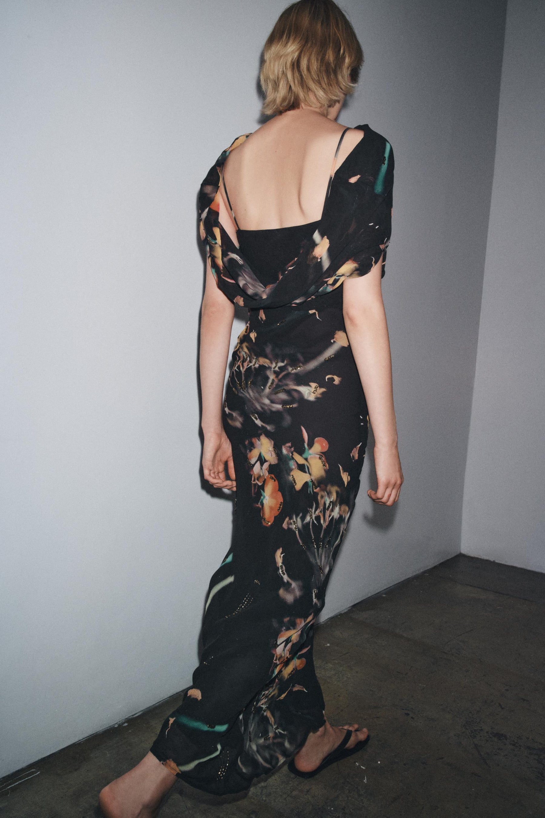 BEADED PRINTED CAPE DRESS - Image 3