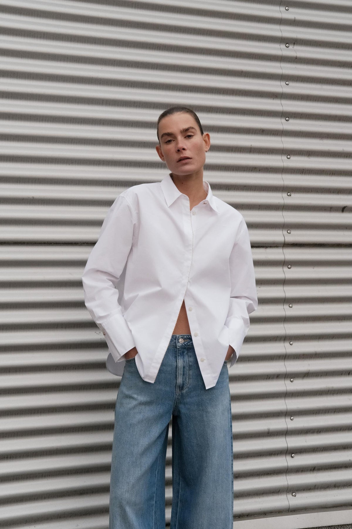 Popelinehemd mit Perlenleiste