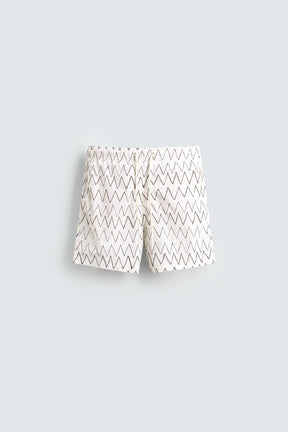 GEOMETRIC PRINT MID-LENGTH SWIMMING TRUNKS - Image 1