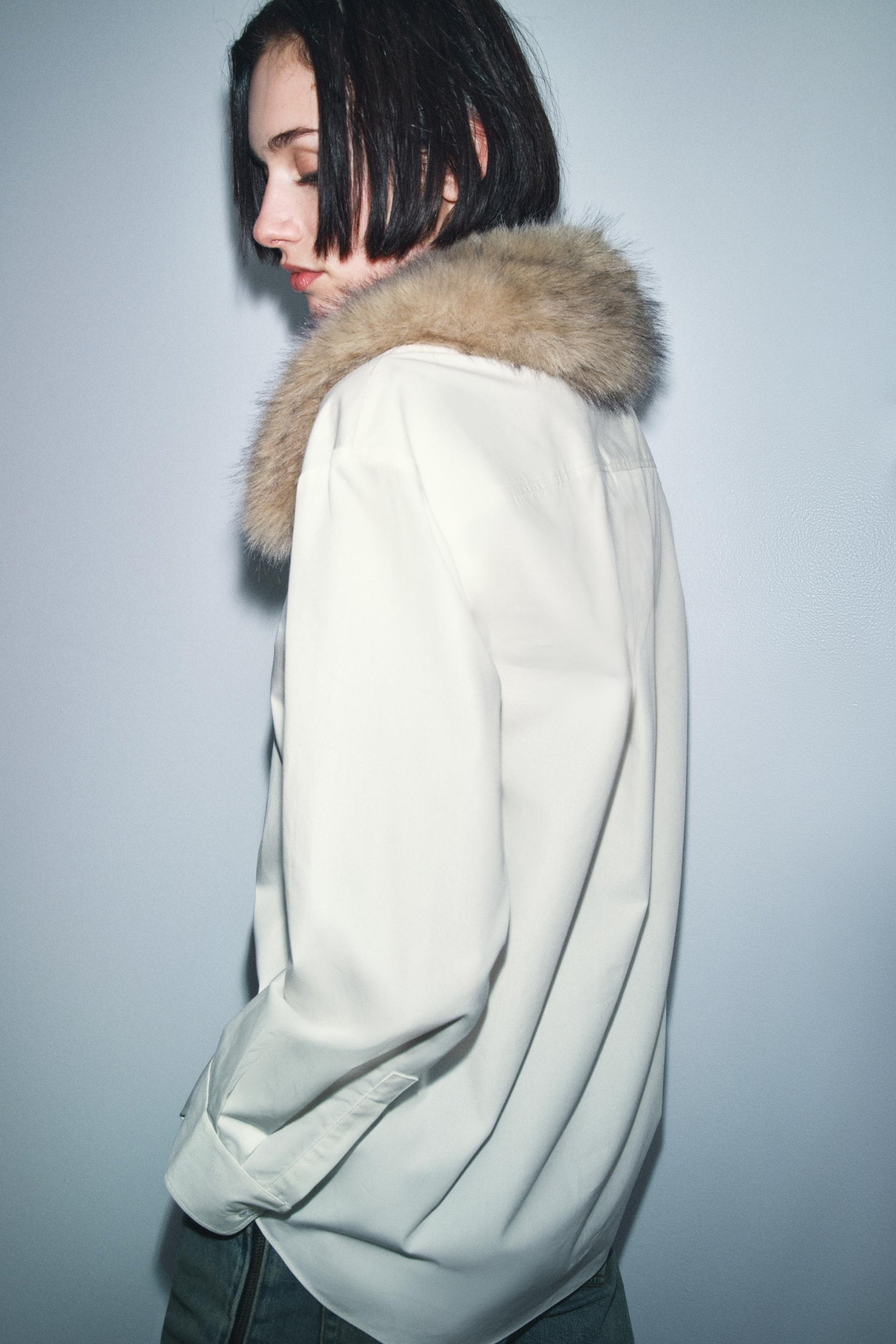 Popelinehemd mit Pelz