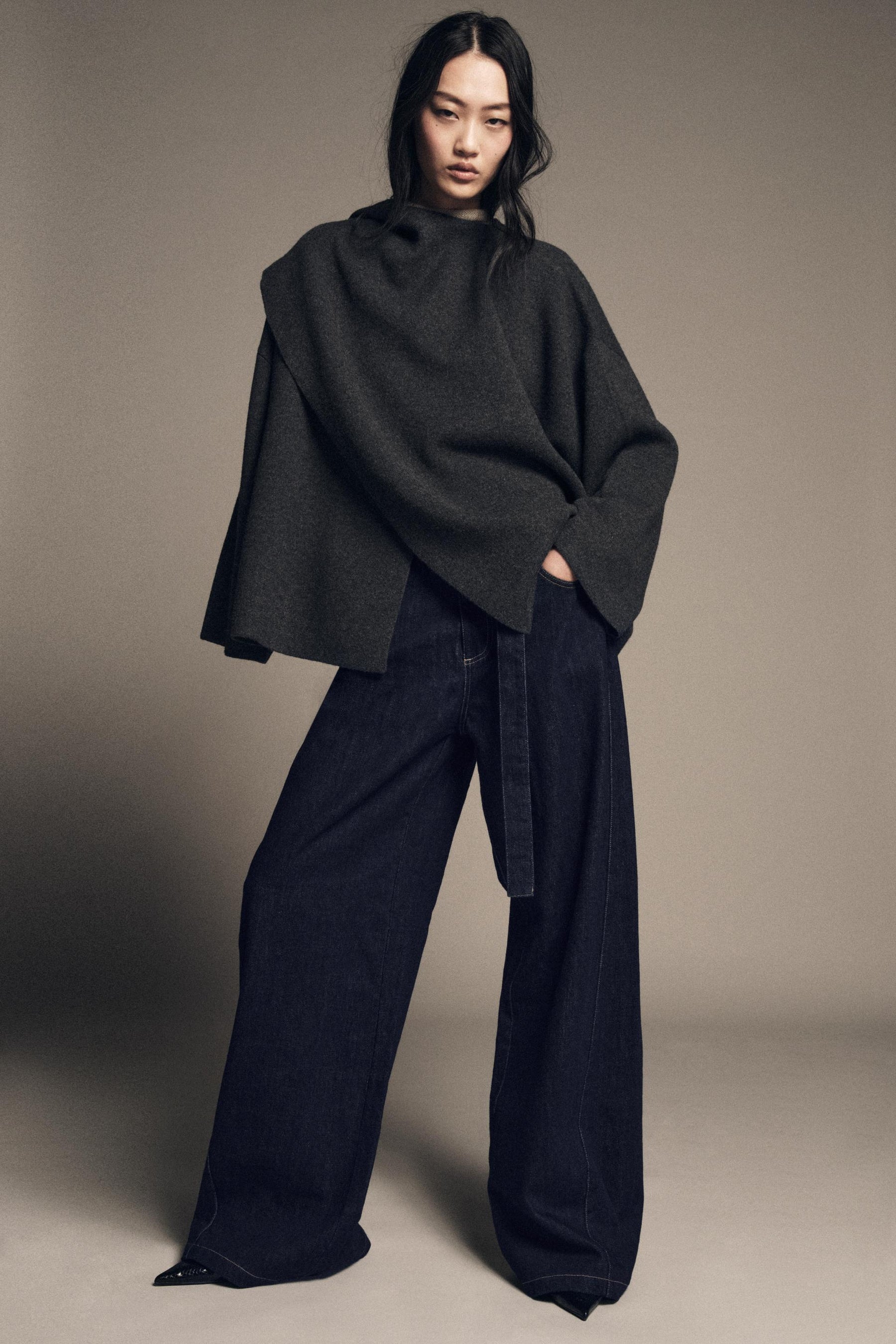 KNIT CAPE WITH SCARF DETAIL - Image 1