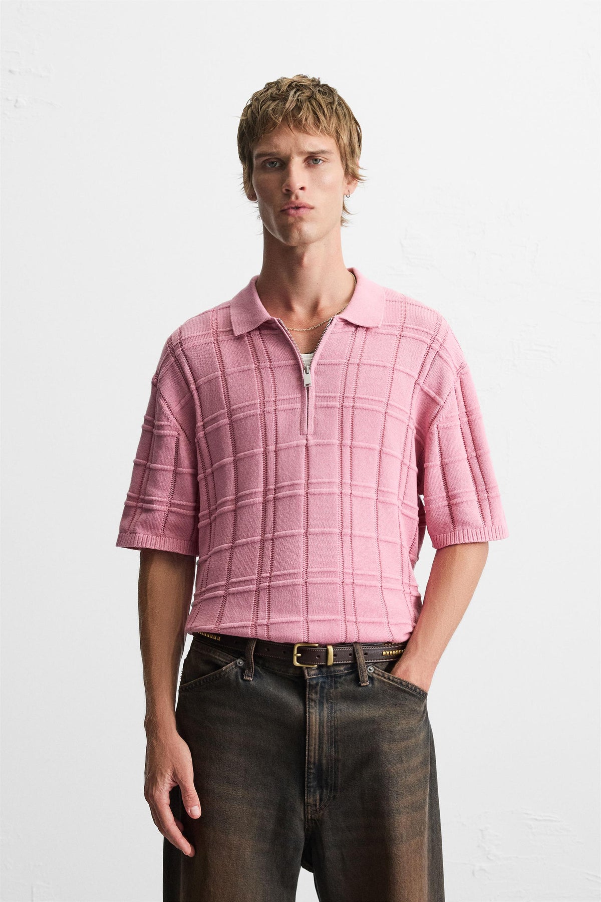 CHECKERED JACQUARD KNIT POLO SHIRT - Image 2