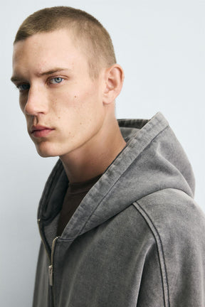 Gewaschener Kapuzenpullover mit Reißverschluss 