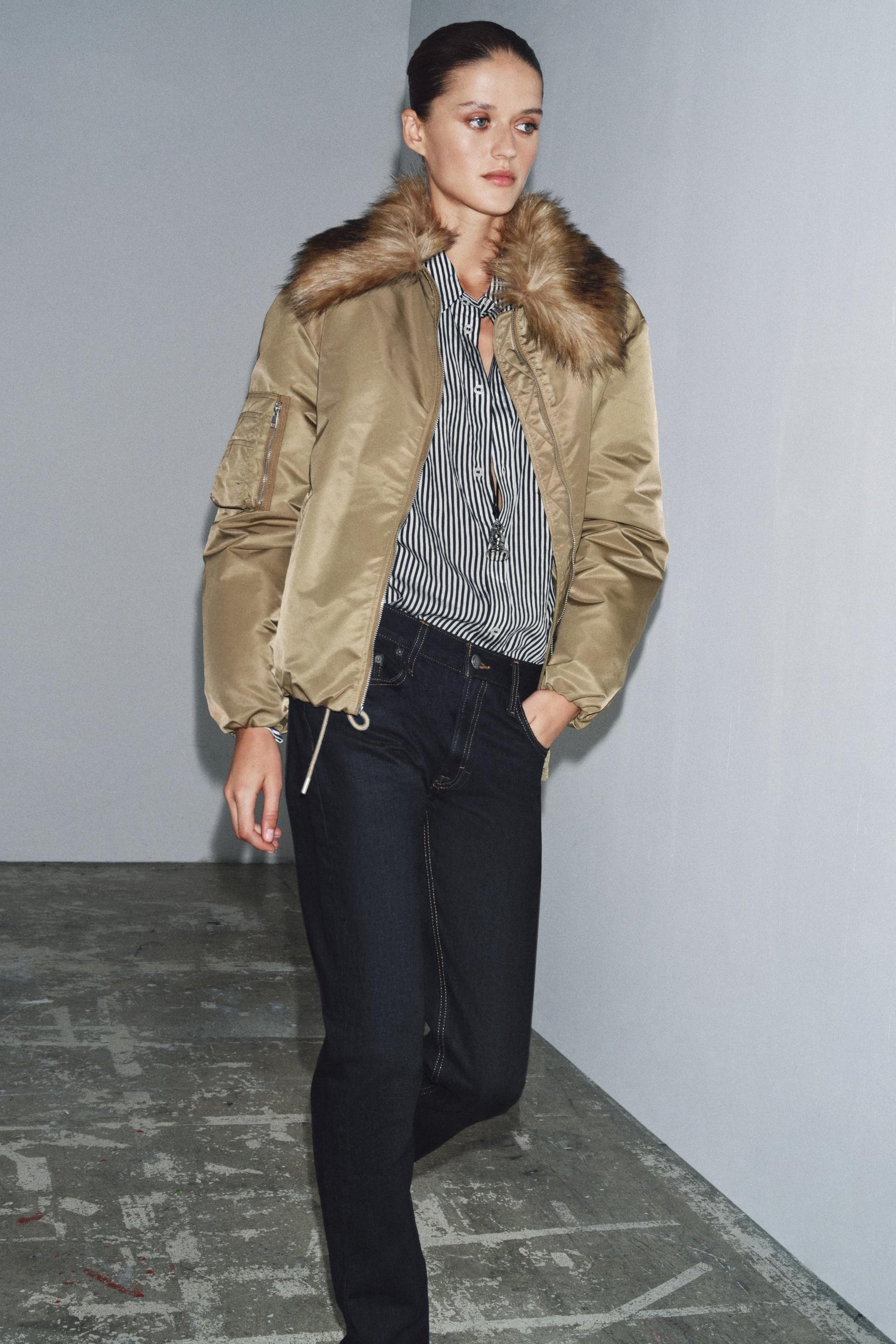 FAUX FUR COLLAR BOMBER JACKET ZW COLLECTION - Image 1