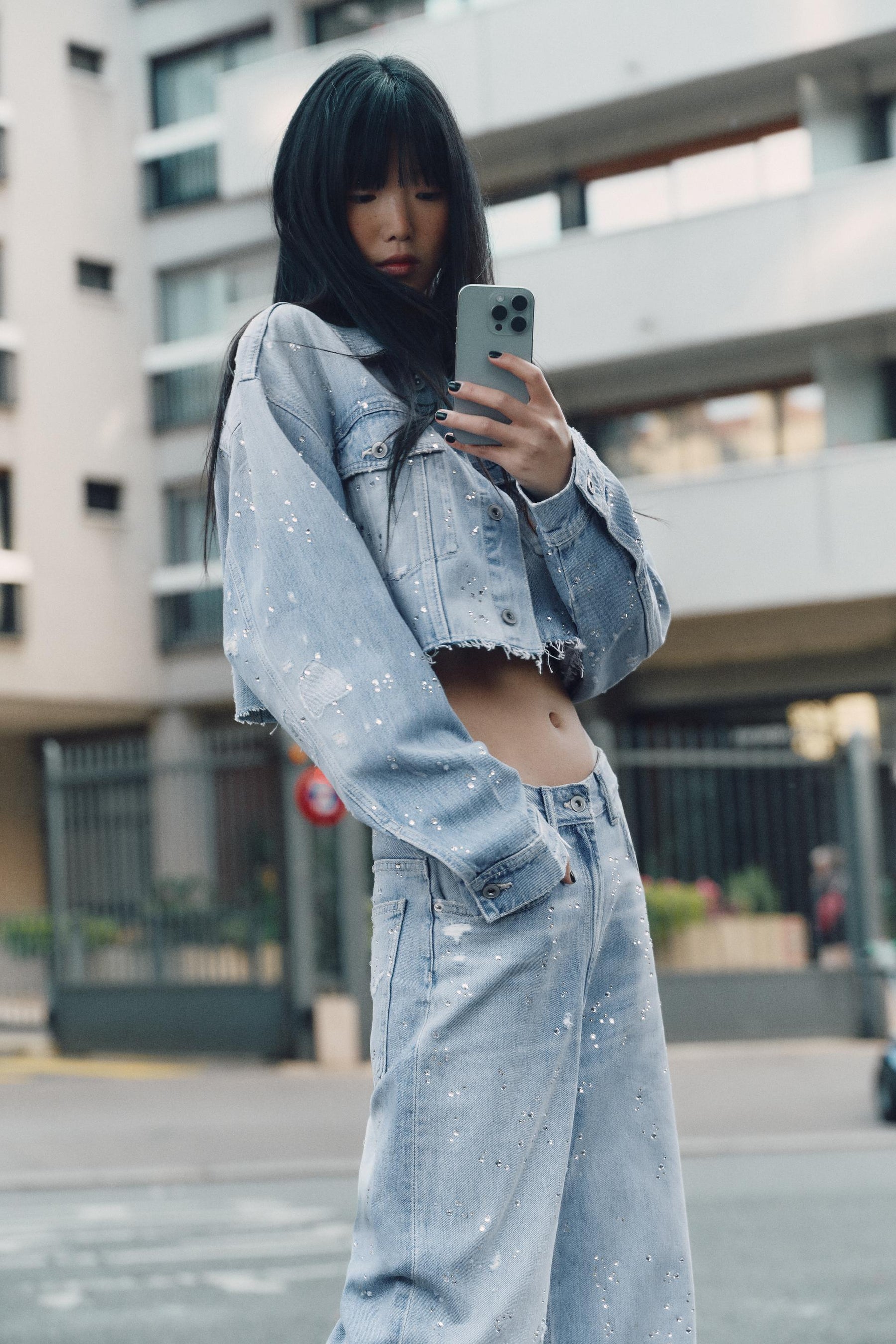 Strass Cropped Denim Jacket