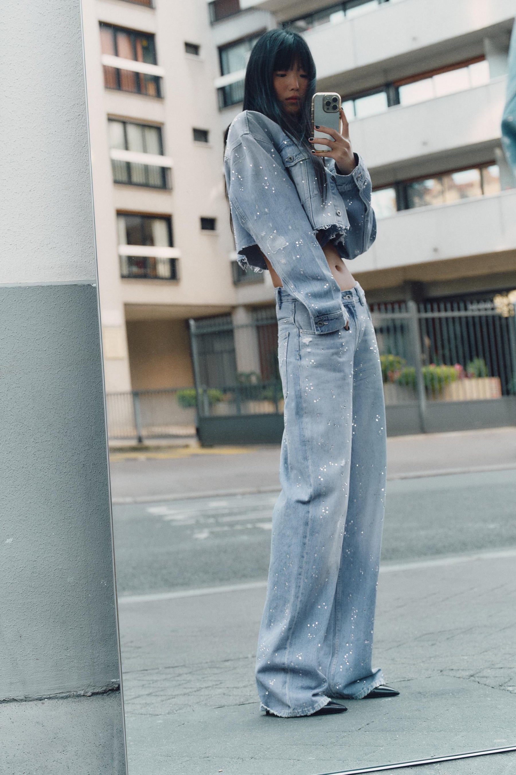 Strass Cropped Denim Jacket