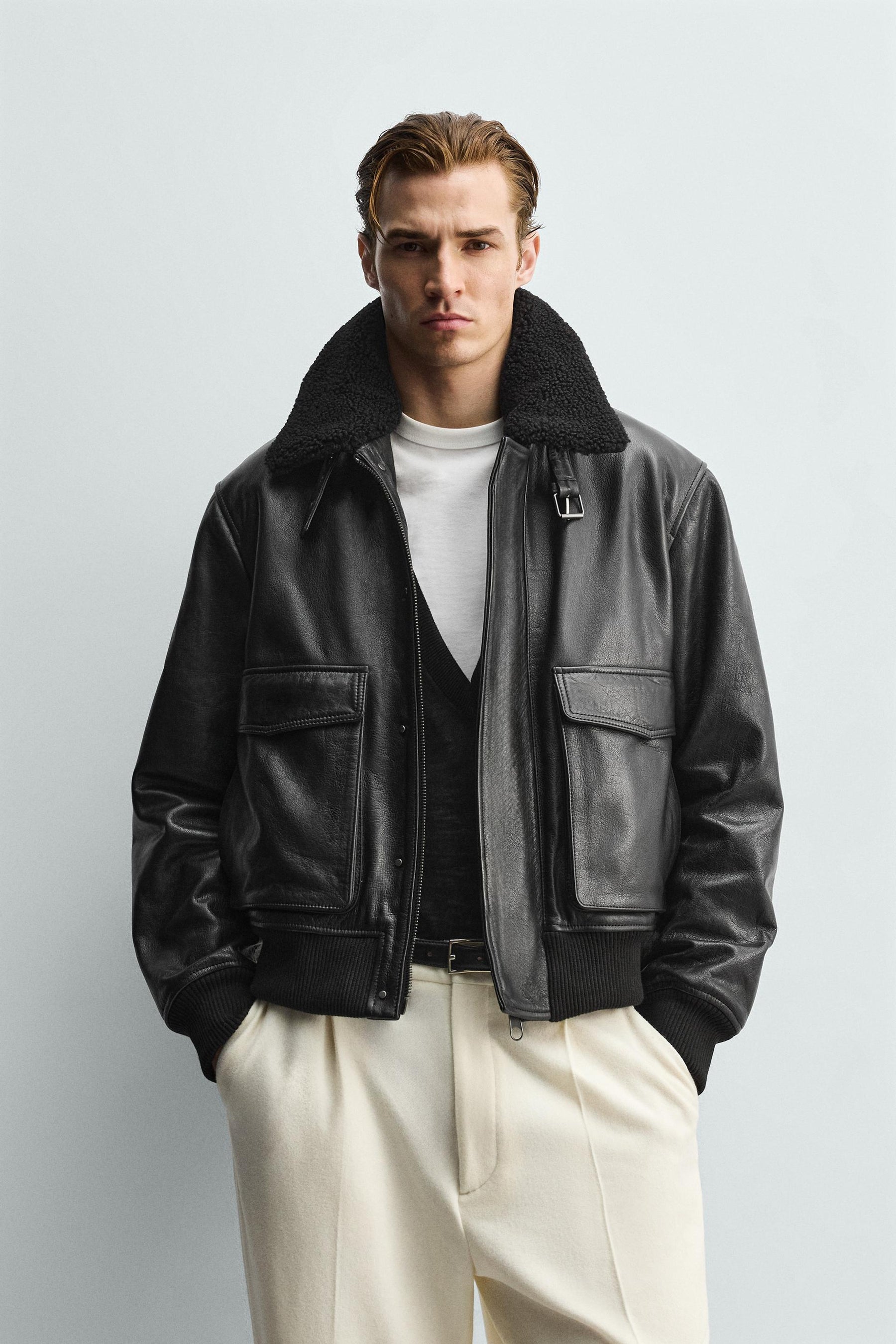 LEATHER JACKET WITH CONTRAST COLLAR - Image 2