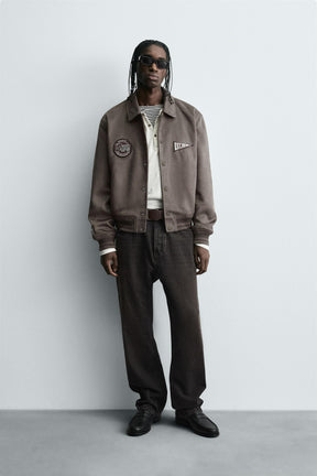 FAUX SUEDE JACKET WITH PATCH AND EMBROIDERY DETAIL - Image 1