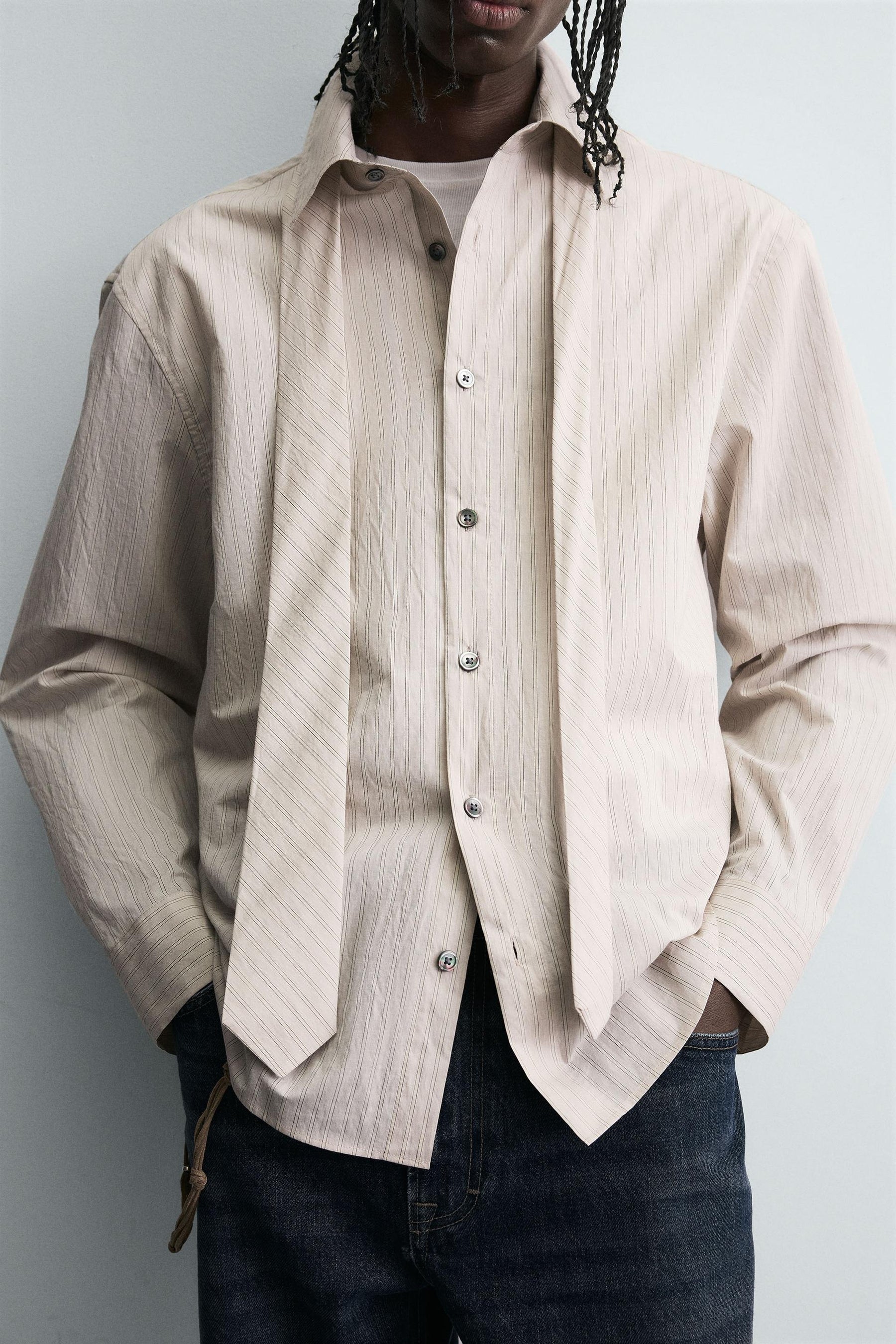 STRIPED SHIRT WITH CONTRAST TIE DETAIL - Image 5