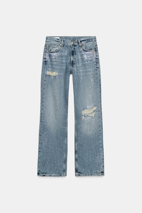 TRF RIPPED WIDE-LEG RHINESTONE