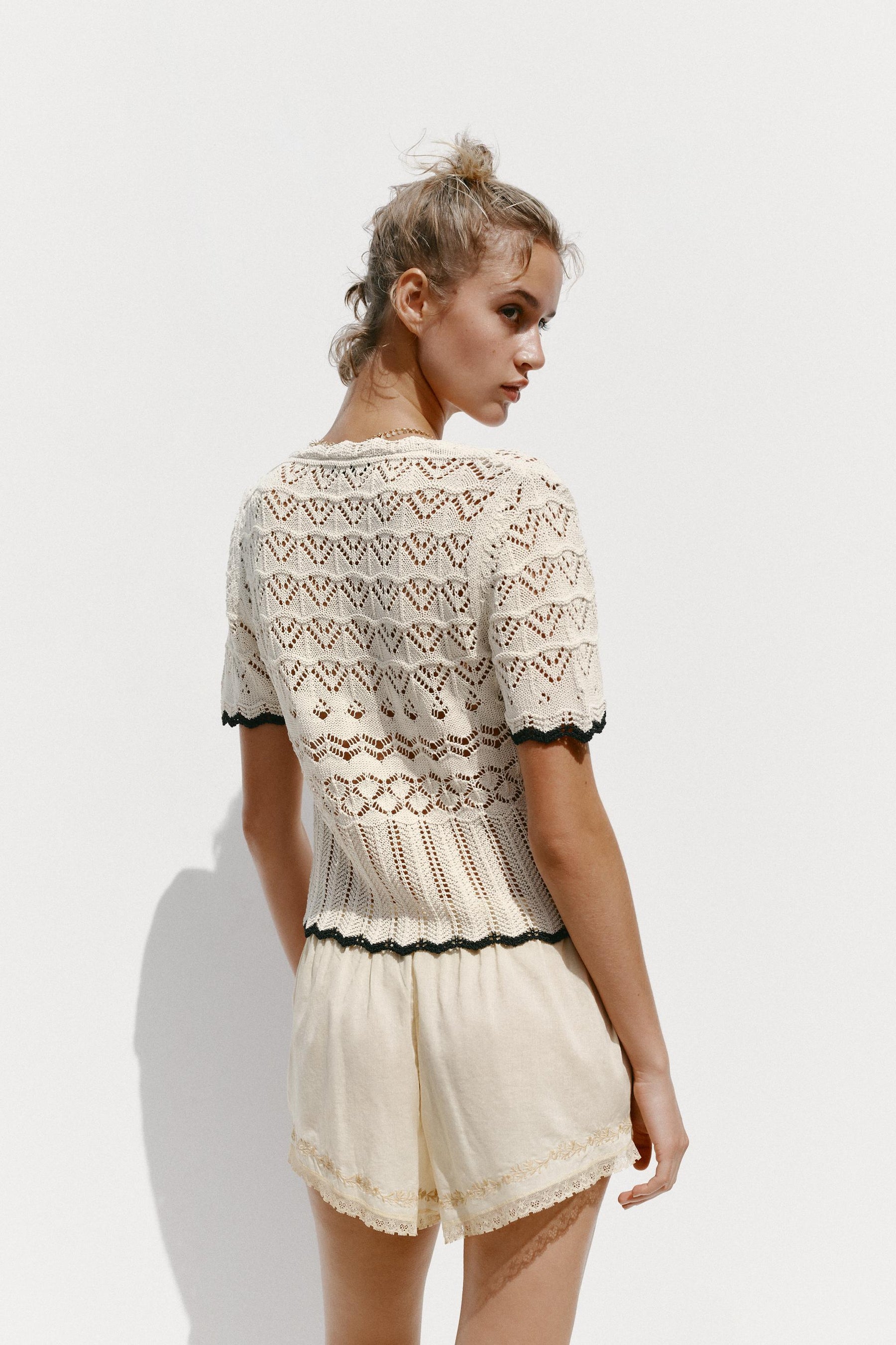 POINTELLE KNIT SHORT SLEEVE CARDIGAN - Image 3