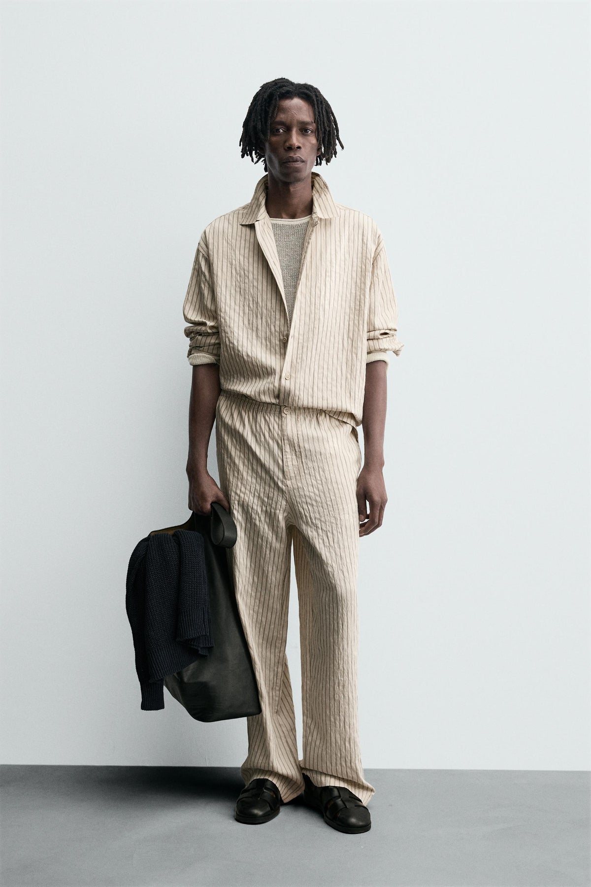 STRIPED WRINKLED-EFFECT FLOWING TROUSERS - Image 1