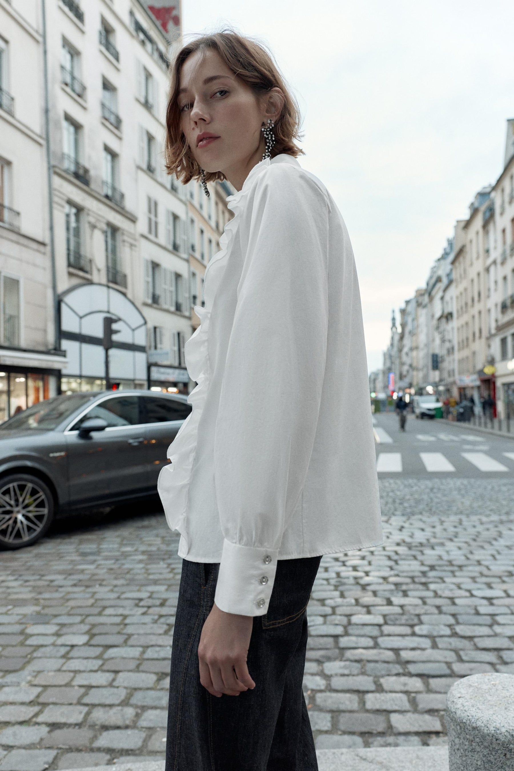 Popelinehemd mit Perlenrevers