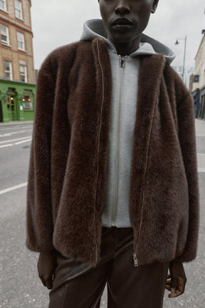 CONTRAST BOMBER JACKET WITH FAUX FUR HOODIE - Image 4