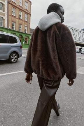 CONTRAST BOMBER JACKET WITH FAUX FUR HOODIE - Image 5