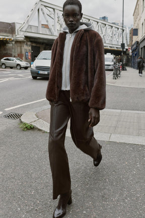 CONTRAST BOMBER JACKET WITH FAUX FUR HOODIE - Image 1