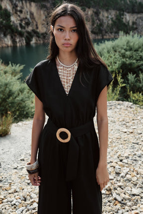 LINEN BLEND LONG JUMPSUIT WITH BELT - Image 6