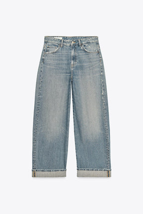 Baggy Jeans mit umgeschlagenem Bund und mittelhohem Bund