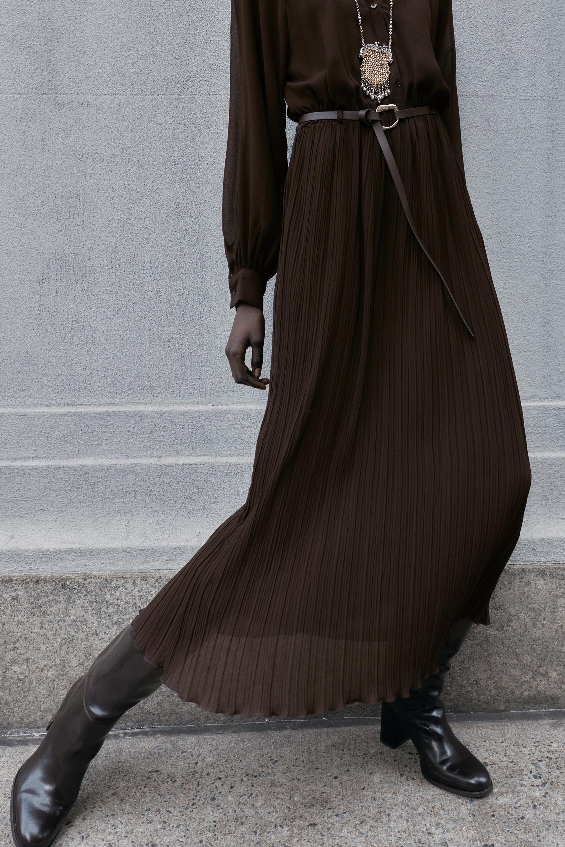 PLEATED MIDI DRESS WITH BELT - Image 5