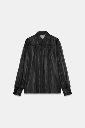 Rüschenbesetztes, perlenbesetztes, halbtransparentes Hemd