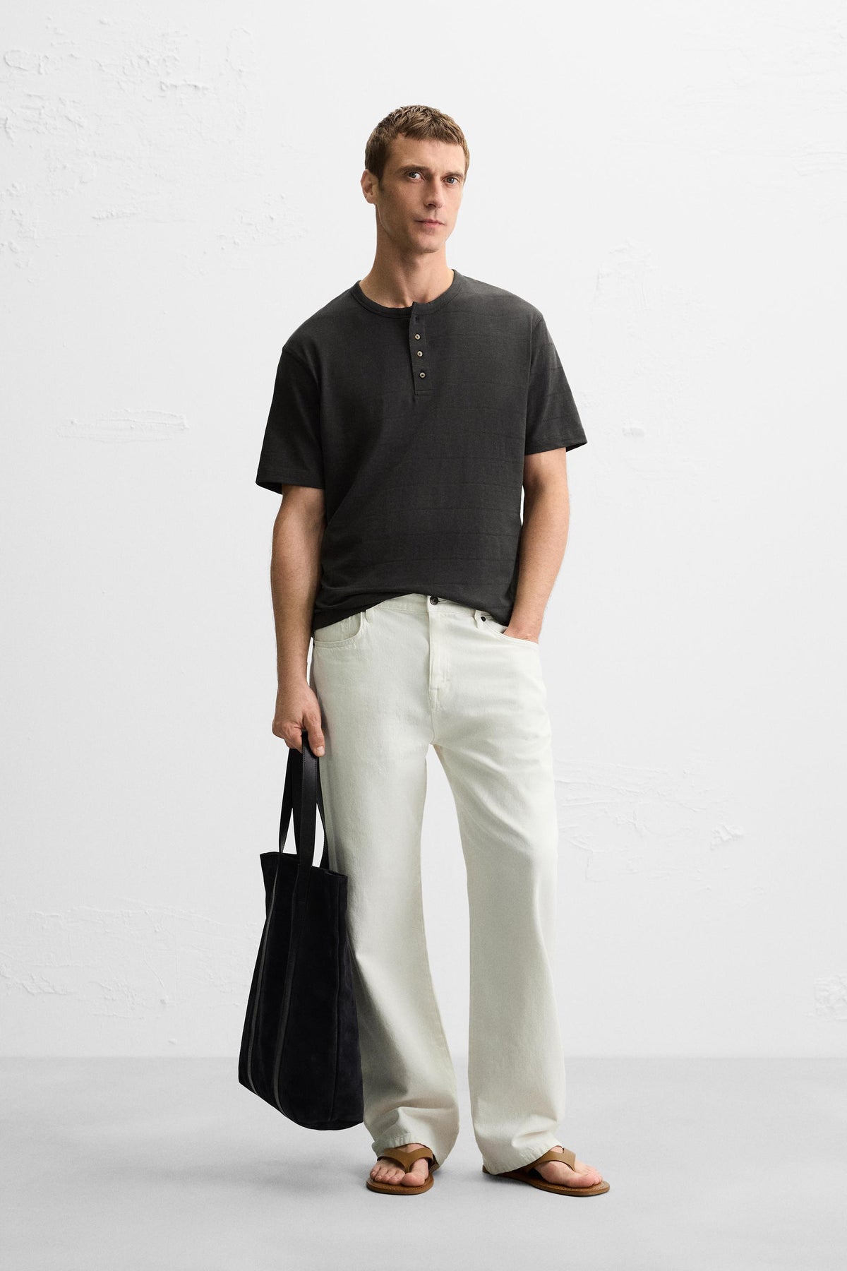 STRIPED GRANDAD COLLAR T-SHIRT - Image 1