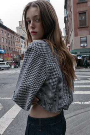 Gingham-Hemd mit Ballonärmeln