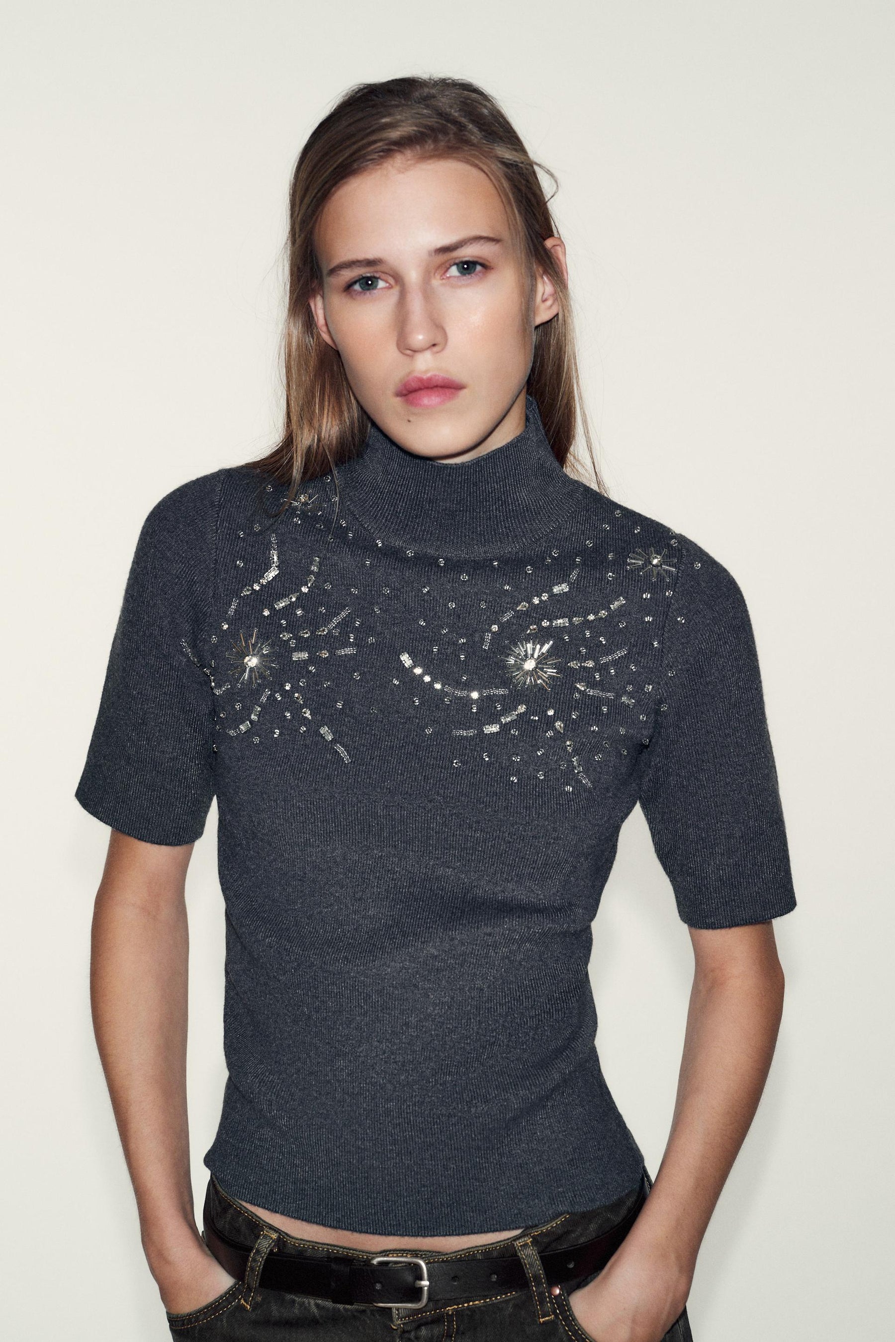 SHORT SLEEVE BEADED KNIT JUMPER - Image 2