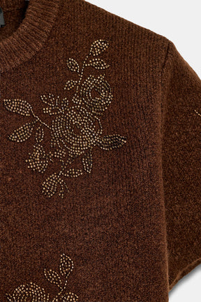 Kurzarmpullover mit Perlenbesatz